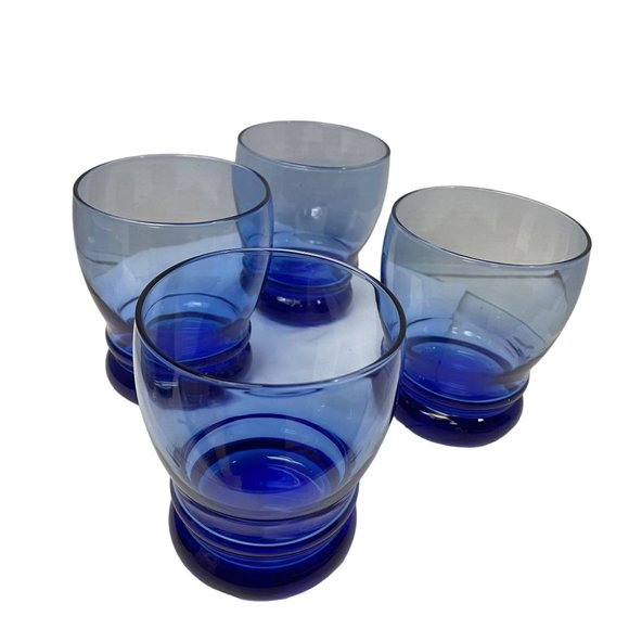 Vintage COBALT BLUE Tumbler Pedestal Bottom Set of 4 Glasses Beverages 4.25" H - Picture 7 of 8